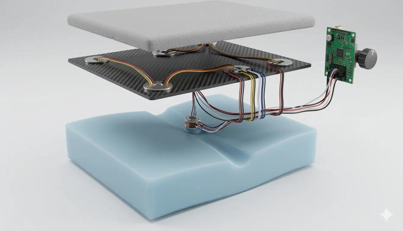 Exploded rendering of the AYLO dynamic cushion with pressure sensors and electronics