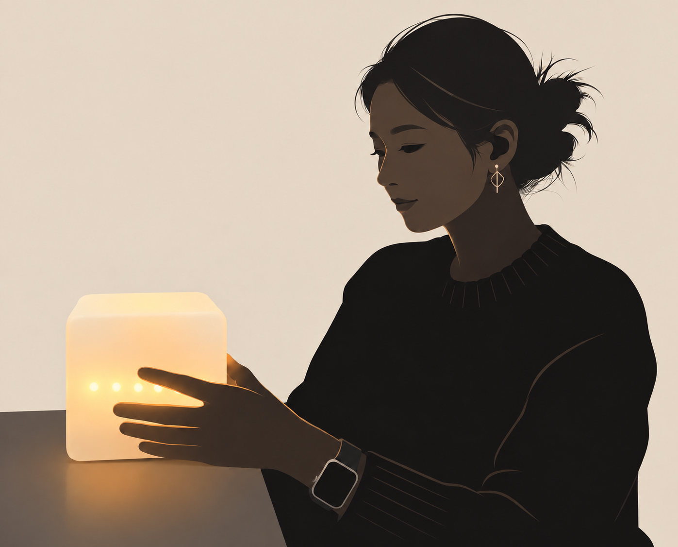 Person using the illuminated CubeWorks micro-break companion