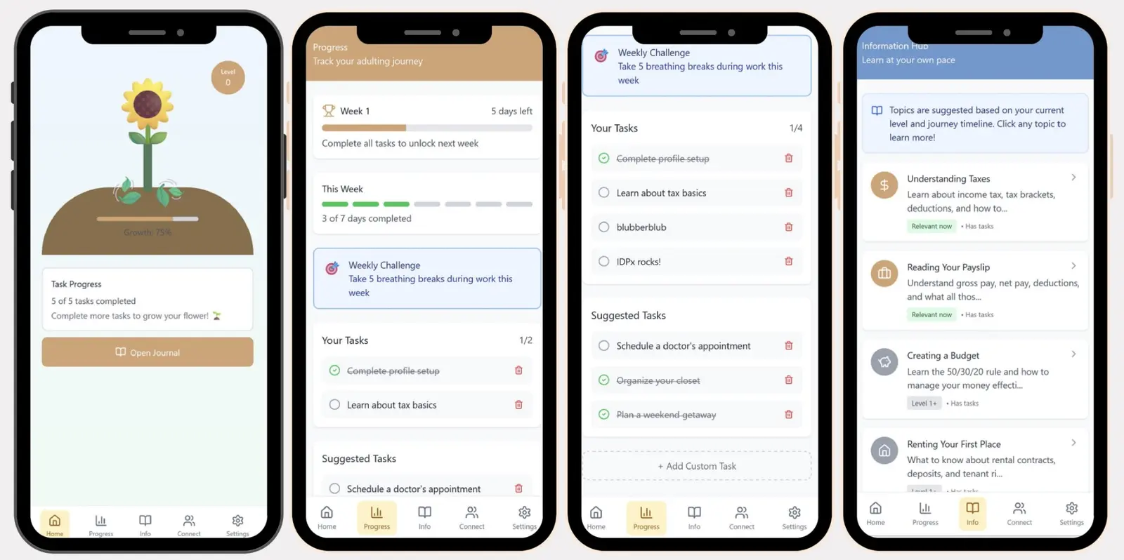 Shift Happens mobile application screens for the transition into working life