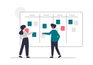 Illustration of people working with design notes